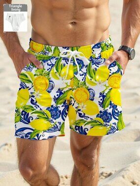 Yellow Tropical Men's Lemon Fruit Mesh Beach Shorts